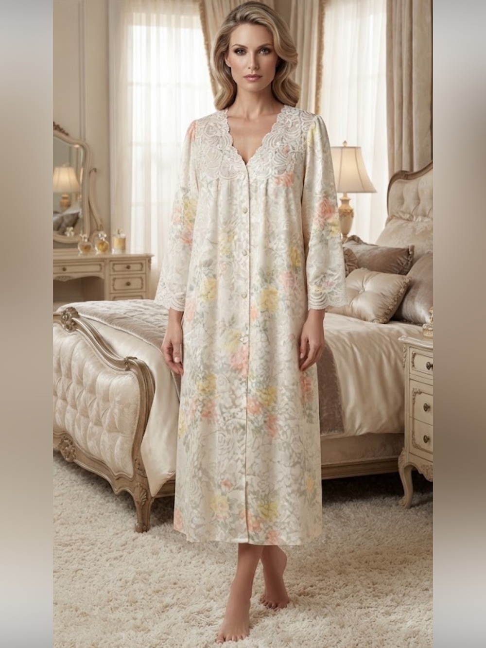 Vintage Eve Stillman floral jacquard button front lace trim robe